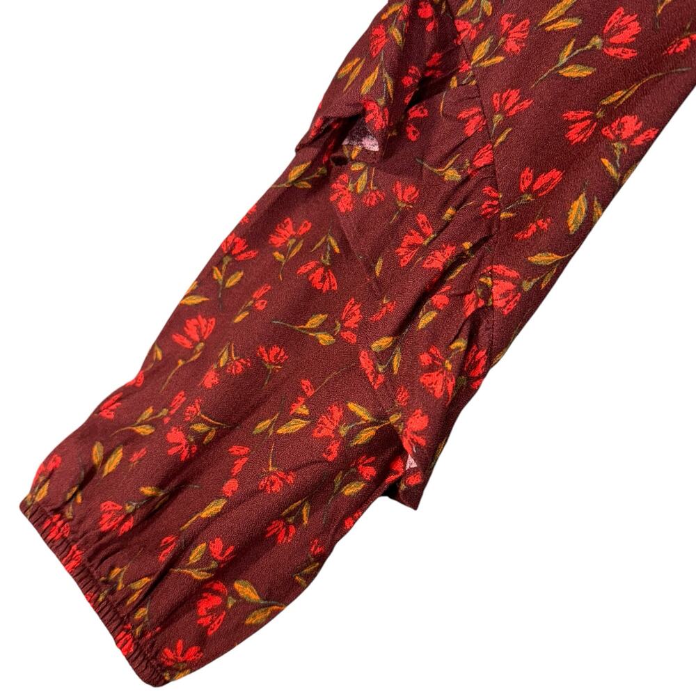 Sonoma Medium Top Floral Ruffled Long Sleeve Tie Keyhole Neck Dark Rust Multi - Picture 2 of 9